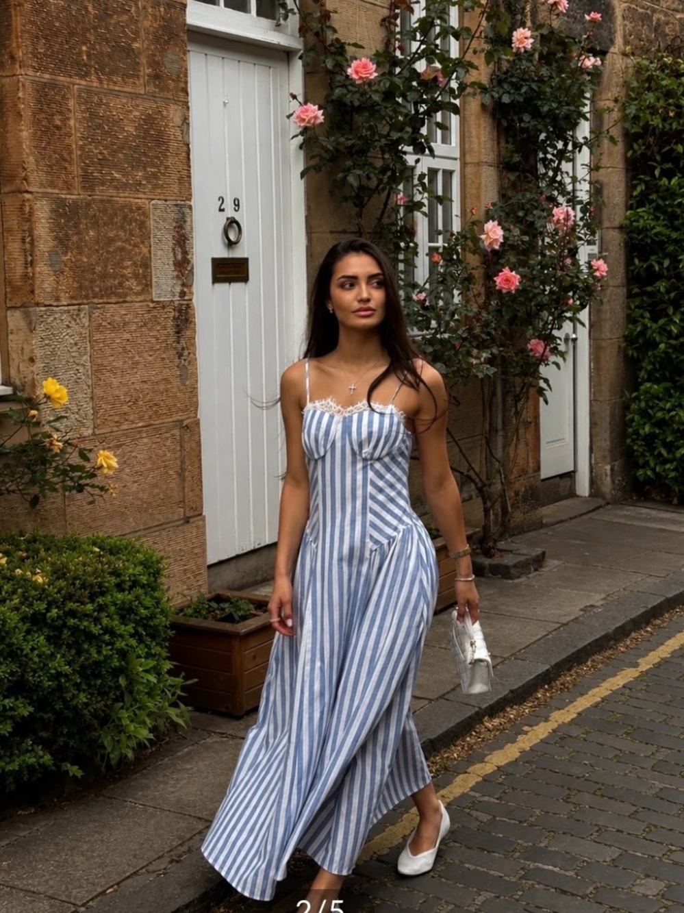 Commense Blue and White Striped Maxi Dress with Lace Trim